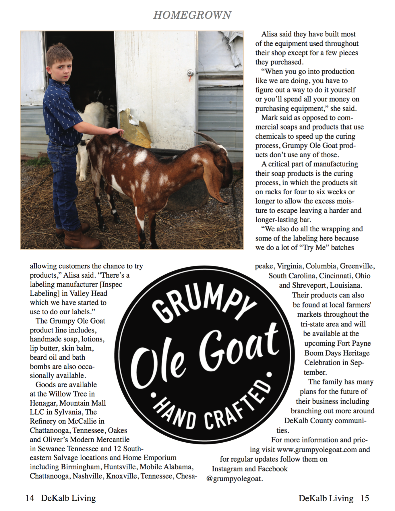 Grumpy Ole Goat article in DeKalb Living Magazine, July 2021, Homegrown Business, page 7