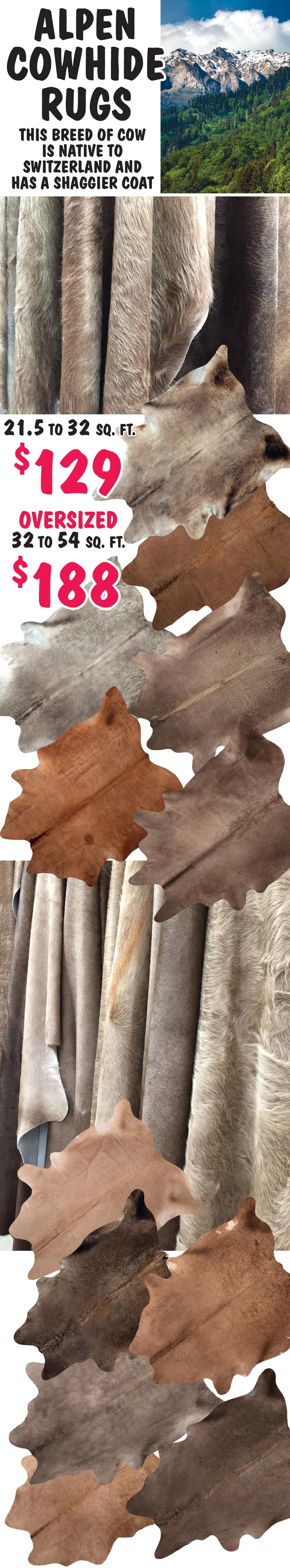 Alpen Shaggy Cowhide Rugs $129 to $188 - This breed of cow is native to Switzerland and has a shaggy coat image