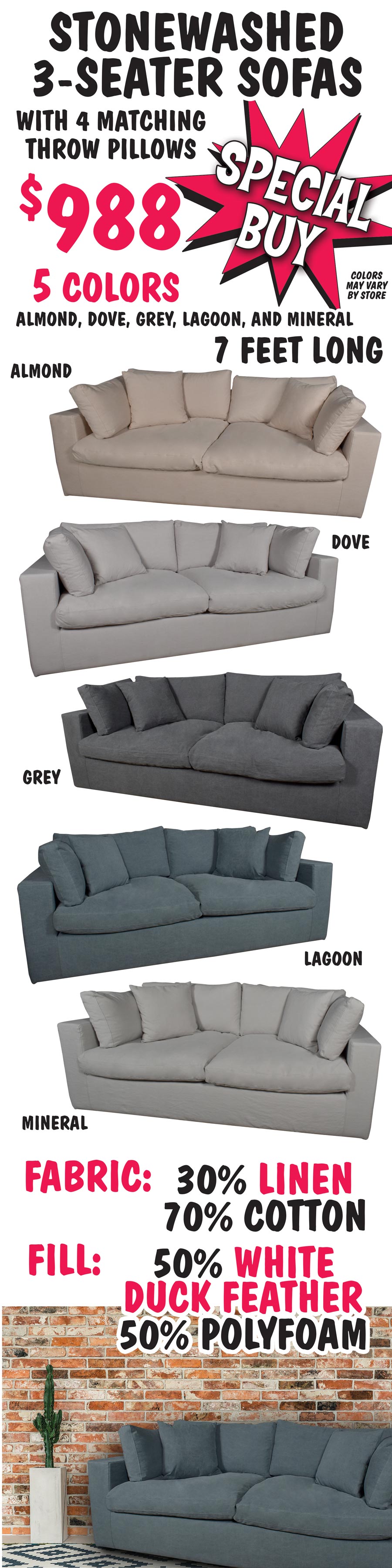 Linen-Cotton 3-Seater Sofas with 4 matching throw pillows Special Buy $988 in 5 stonewashed colors - Almond, Dove, Mineral, Grey, and Lagoon. image