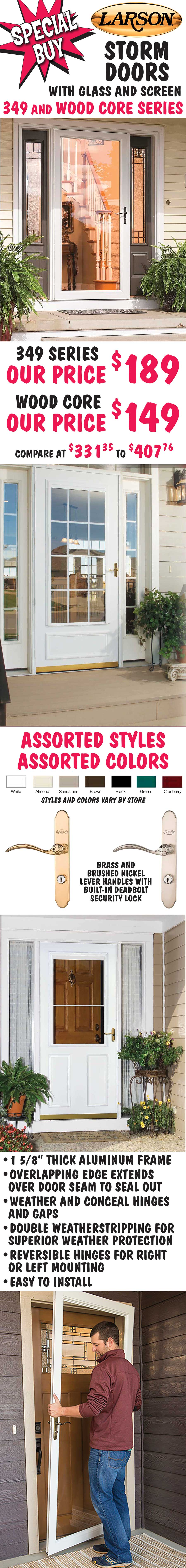 Larson Storm Doors Special Buy with glass and screen - $149 to $189 - Assorted Styles and Colors - brass and brushed nickel lever handles image