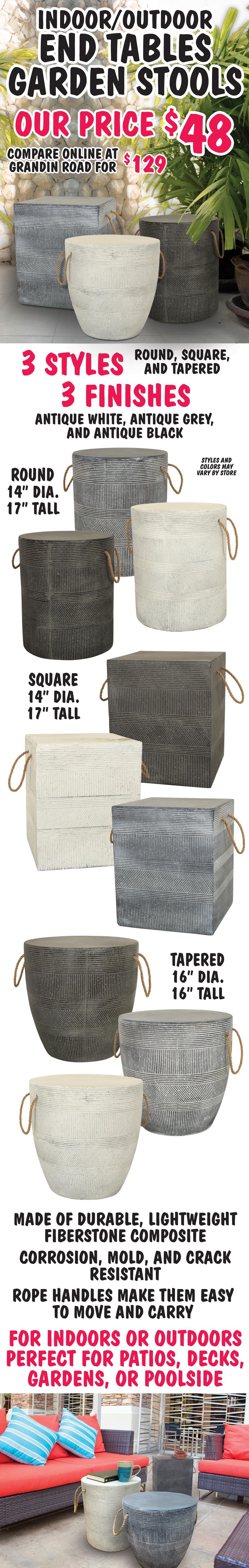 Indoor Outdoor End Tables Garden Stools $48 - 3 styles round, square and tapered, 3 finishes antique white, antique grey, and antique black, made of durable, lightweight fiberstone composite with rope handles image