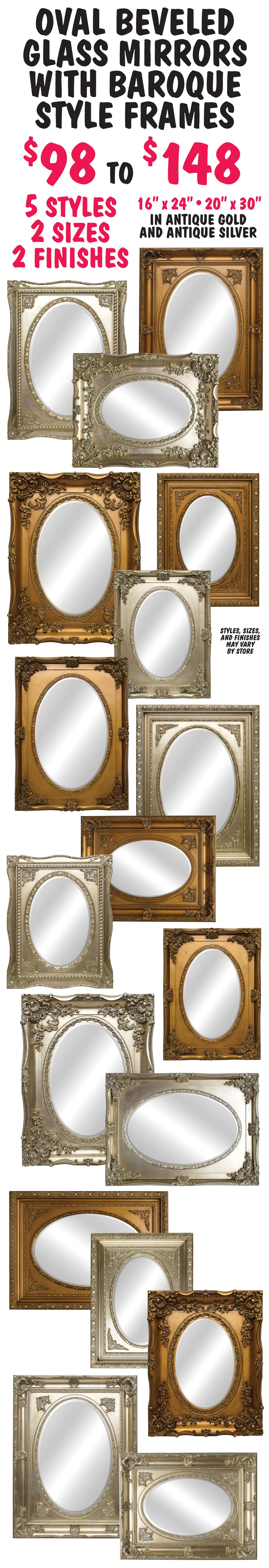 Oval Beveled Glass Mirrors with Baroque Style Frames $98 to $148 - 5 styles, 2 sizes, 2 finishes 16 inch by 24 inch and 20 inch by 30 inch in antique gold and antique silver image