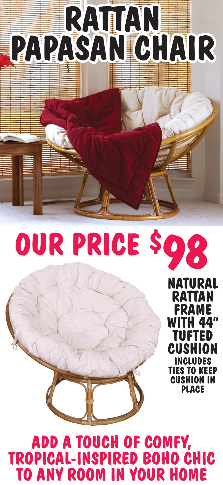 Rattan Papasan Chair $98 - natural rattan frame with 44 inch tufted cushion - includes ties to keep cushion in place image