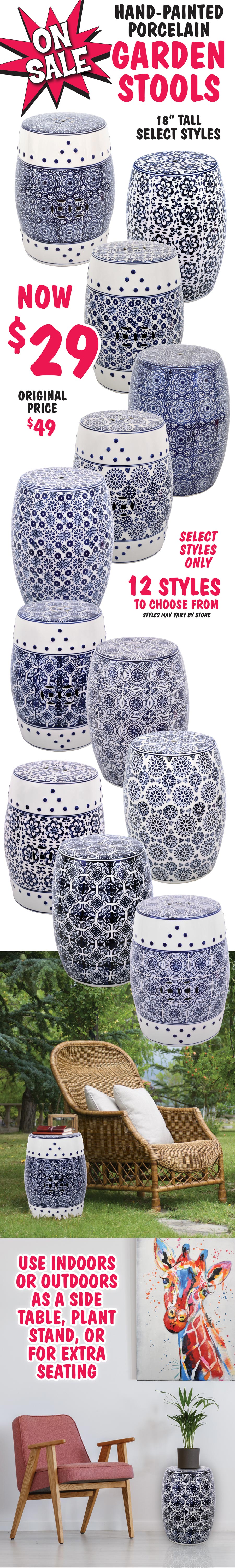 Hand-Painted Blue and White Porcelain Garden Stools ON SALE NOW $29, original price $49. 18 inches tall, select styles - 12 styles to choose from. Use indoors or outdoors as a side table, plant stand, or for extra seating. image