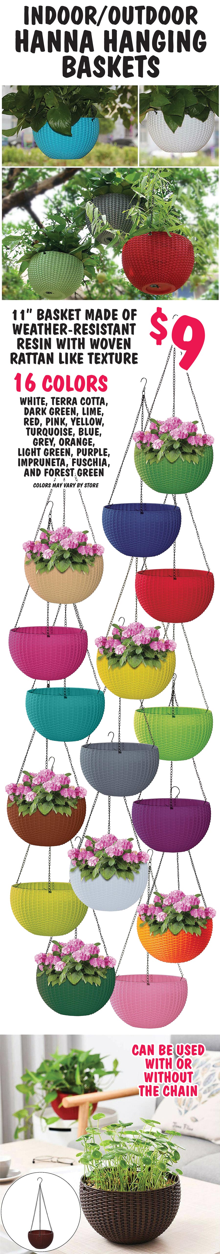 Indoor-Outdoor Hanna Hanging Baskets $9 in 16 vibrant colors - white, terra cotta, dark green, lime, red, pink, yellow, turquoise, blue, grey, orange, light green, purple, impruneta, fuschia, and forest green. 11 inch baskets made of weather-resistant resin with woven rattan like texture. image