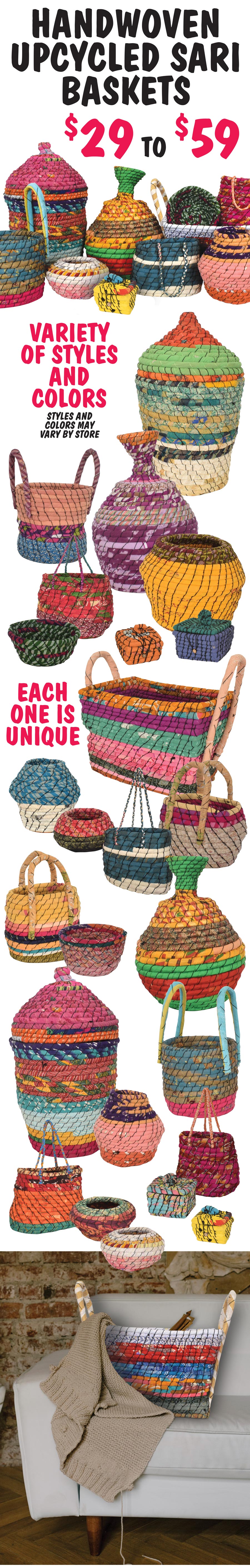 Handwoven Upcycled Sari Baskets $29 to $59 - variety of styles and colors. Handmade in India from Sarkanda Grass, also known as Sweet Cane of Haryan, and reclaimed cloth from old Saris collected from around the region. Every basket is unique. Click here the read our blog about how they are made. image