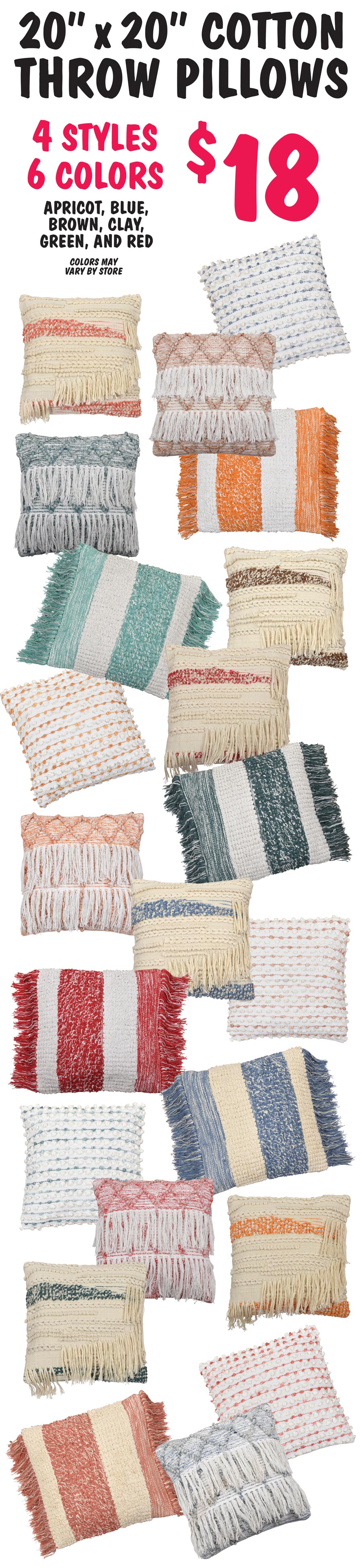 20 inch by 20 inch Cotton Throw Pillows $18 each - 4 styles, 6 colors Apricot, Blue, Brown, Clay, Green, and Red image