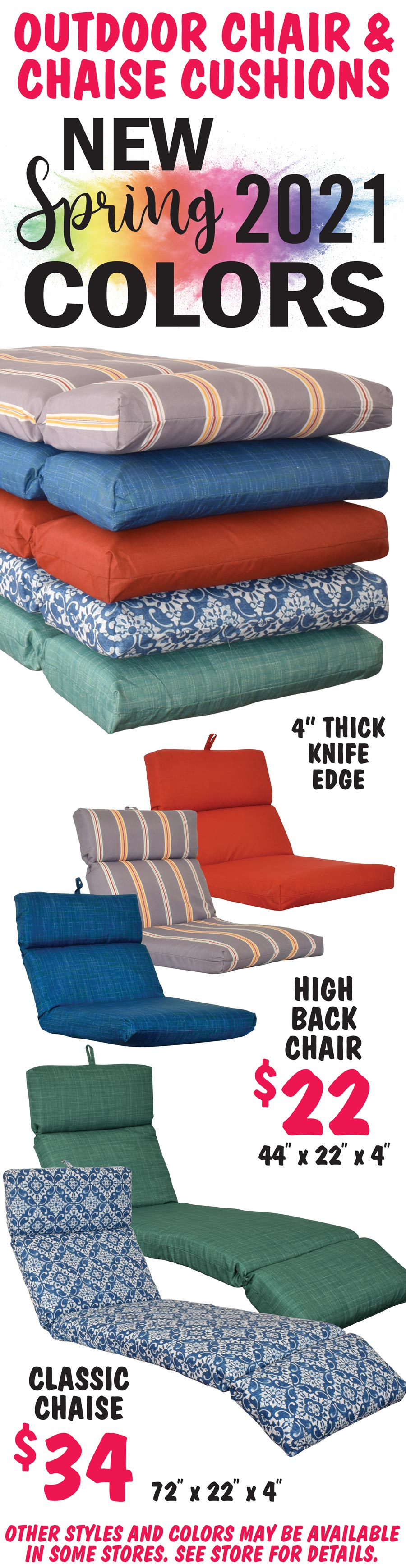 Outdoor Chair and Chaise Cushions - High Back Chair Cushions $22, Classic Chaise Cushions $34 - New Spring 2021 colors. Other Styles and Colors may be available at some stores. Please see store for details. image