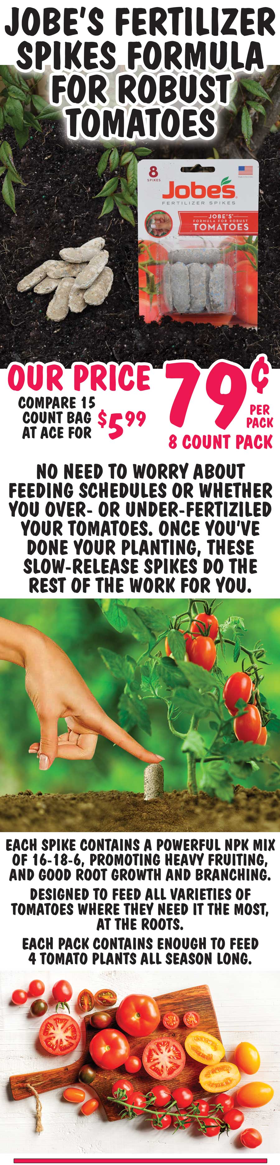 Jobe's Tomato Spikes 79 cents per 8 pack, Annuals and Perennials Fertilizer $2.99 1.5 pound bag image