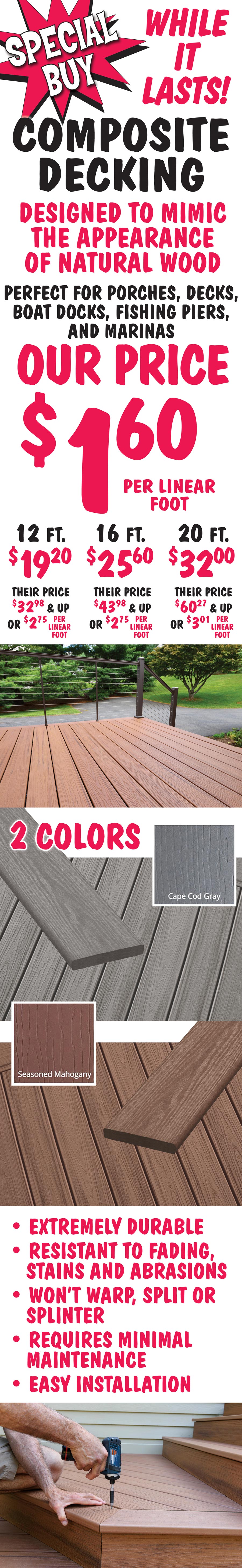 Composite Decking Special Buy - $1.60 per linear foot - 12 foot, 16 foot, 20 foot - 2 Colors - Cape Cod Gray and Seasoned Mahogany image