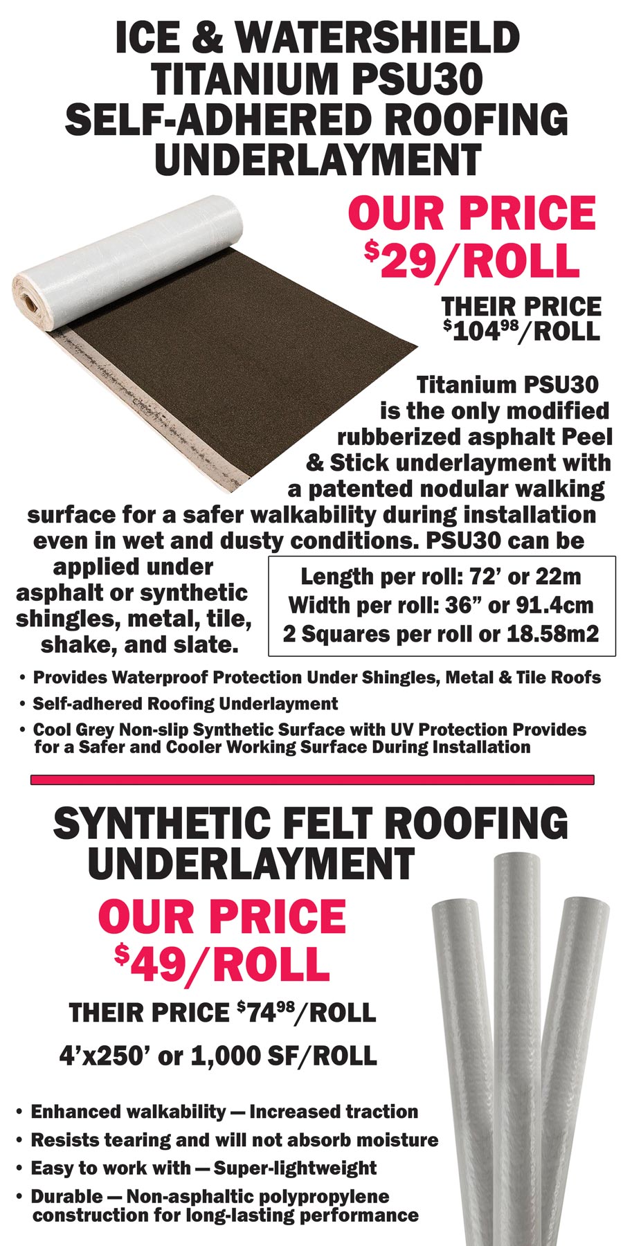 Roofing Underlayment - Ice and Watershield $29 per roll, Synthetic Felt $49 per roll image