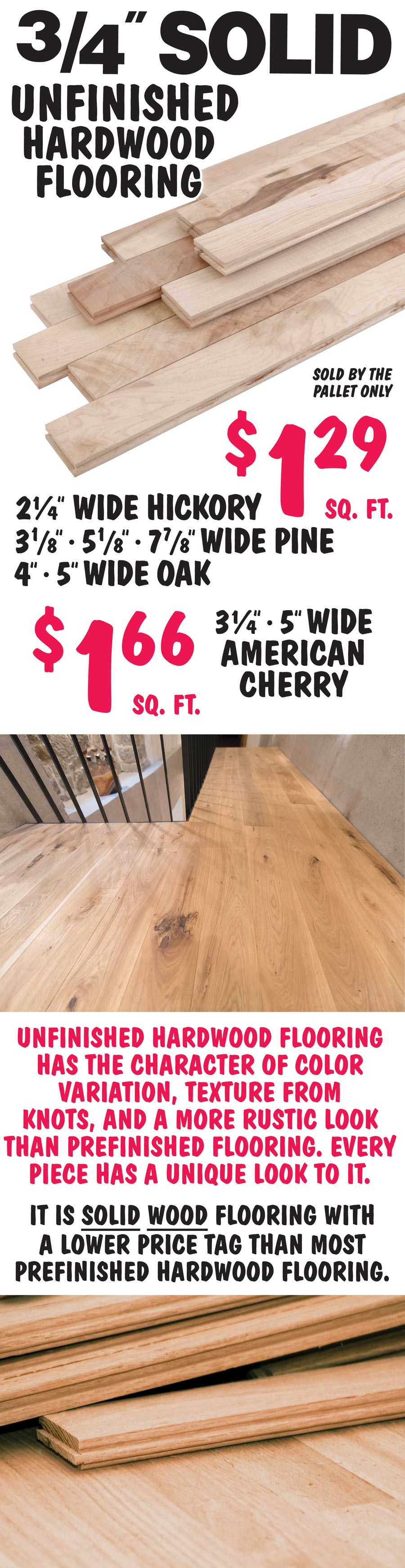 3 quarter inch Solid Unfinished Utility Hardwood Flooring $1.29 to $1.66 a square foot image