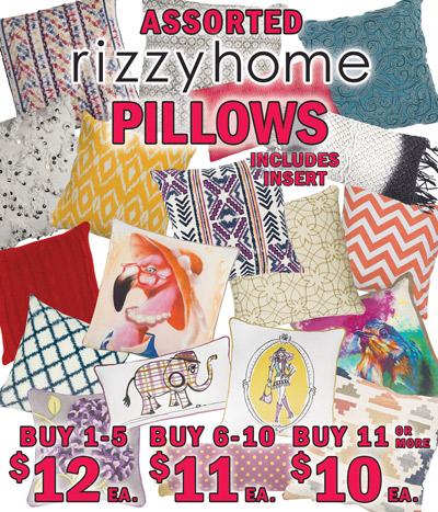 Special Buy Assorted Rizzy Home Pillows with insert in a variety of sizes styles, and colors. Buy 1 to 5 pillows for $12 each, Buy 6 to 10 pillows for $11 each, Buy 11 or more pillows for $10 each