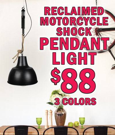 Motorcycle Shock Pendant Lights $88 in 3 colors, new shipment