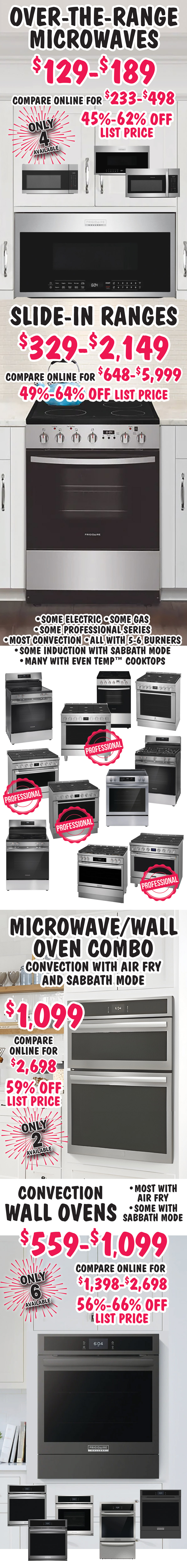 Over the Range Microwaves $129 to $189, 45 percent to 62 percent off list prices, compare online for $233 to $498, only 4 available. Slide in Ranges $329 to $2,149, 49 percent to 64 percent off list price, compare online for $648 to $5,999, some electric, some gas, some professional series, most convection, all with 5 or 6 burners, some induction with sabbath mode, many with even temp cooktops. Microwave Wall Oven Combo, convection with air fry and sabbath mode $1,099, 59 percent off list price, compare online for $2,698, only 2 available. Convection Wall Ovens $559 to $1,099, 56 percent to 66 percent off list price, compare online for $1,398 to $2,698, most with air fry, some with sabbath mode, only 6 available.