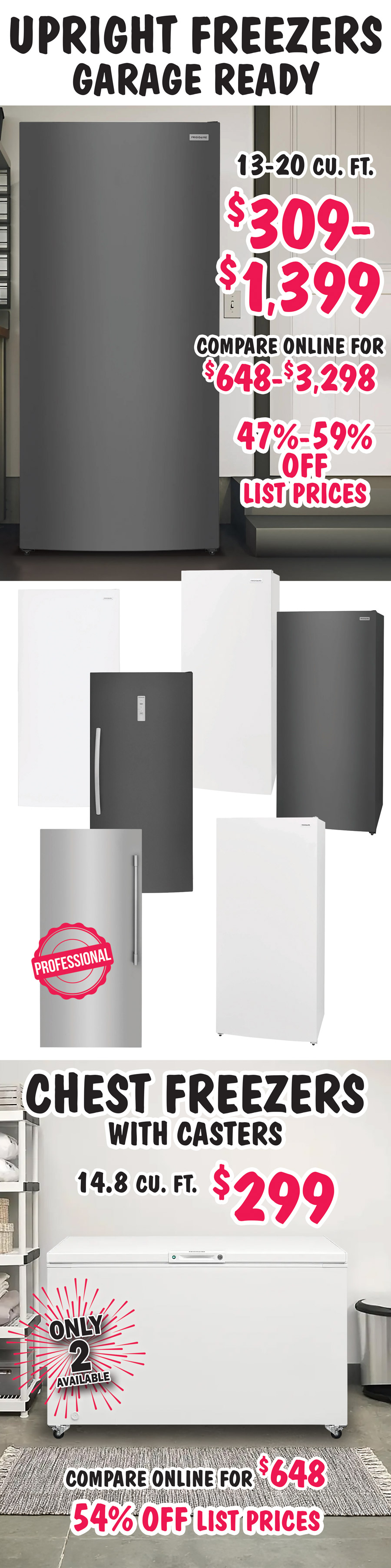 Special Buy Nick and Dent Sale available in our Birmingham store only. Frigidaire and Electrolux refrigerators and ranges, plus freezers, ovens, dishwashers, microwaves, and washers and dryers. 44 percent to 66 percent off list prices. We bought 104 more pieces, many are one of a kind. Hurry in for best selection! First come, first sold! While supplies last! Refrigerators $299 to $1,399, 48 percent to 62 percent off list prices, compare online for $598 to $3,298, many with freezer drawers and in-door water and ice dispensers, some professional series.