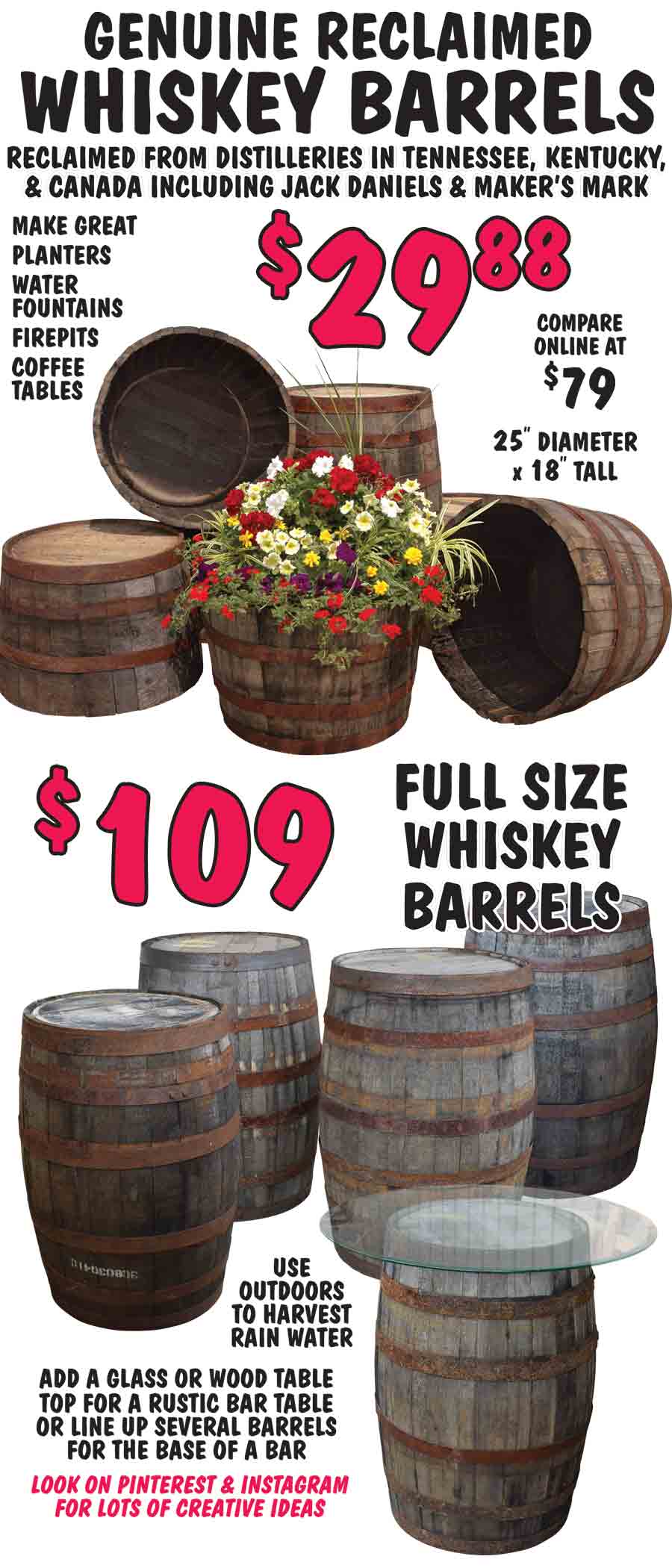 Reclaimed Whiskey Barrels – 1/2 Barrels & Full Barrels