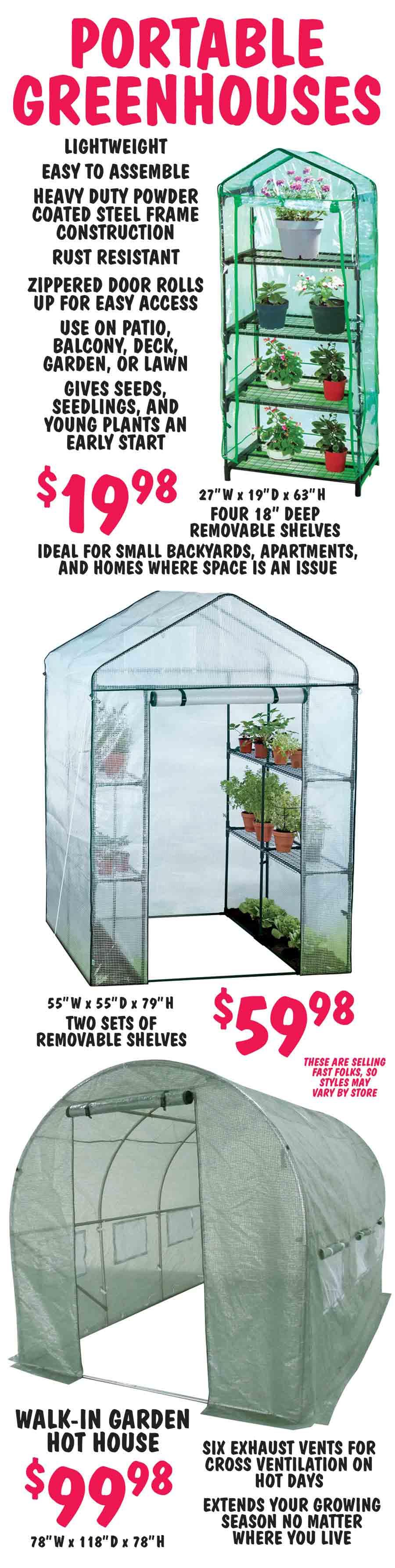 Greenhouses – 3 Styles – starting at $19.98