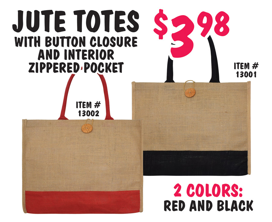 Canvas Beach Bags on sale now $5 any style, originally $5.98 to $8.98. Roomy totes for all your beach gear with waterproof interior, zipper closure, and interior pocket for small items like sunglasses and cell phone. Styles may vary by store. Variety of fun and colorful styles including Octopus, Starfish, Shells, Crabs, Flamingos, Flip Flops, and Anchors. Canva Totes with interior zippered pockets on sale now $5, originally $8 to $12. Geometric prints with canvas handle in 2 colors now $5, was $8, 14 inches high by 18 and a half inches wide, grey item number 11515A and orange item number 11515B. Green geometric print with fringe and rope handles now $5, was $12, 14 and a half inches high by 20 inches wide. Geometric print with fringe and leather handles in 2 colors now $5, was $12, 13 inches high by 21 inches wide, brown item number 11516 and orange item number 11517.