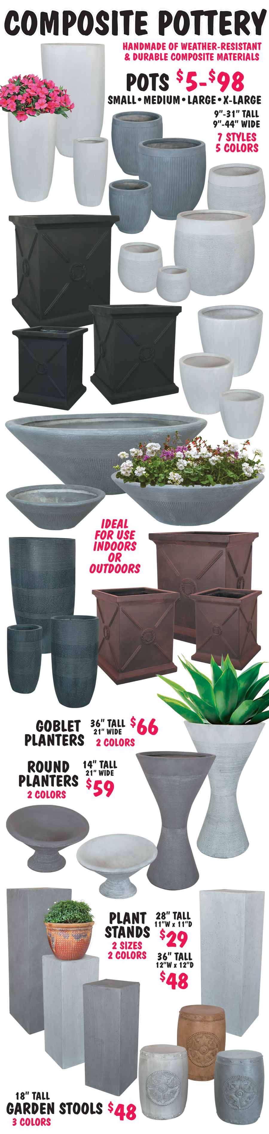 Composite Pottery, Planters, Plants Stands, & Garden Stools