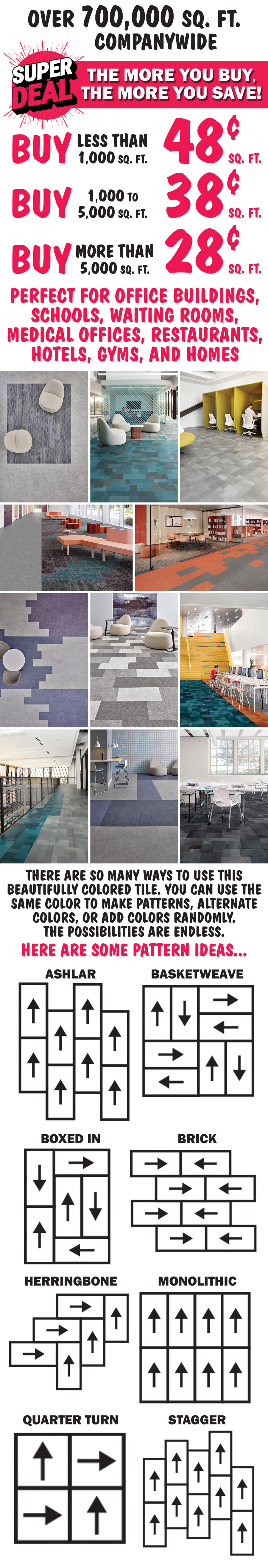 Special Buy Shaw Patcraft L V T and L V P Flooring luxury vinyl plank and luxury vinyl tile 28 cents to 48 cents a square foot, compare online for $1.39 to $2.99 a square foot, commercial or residential. 6 inch by 24 inch plank, 6 inch by 48 inch plank, 12 inch by 24 inch plank, and 24 inch by 24 inch tile, all first quality with a 15 year warranty. Made in the U S A.