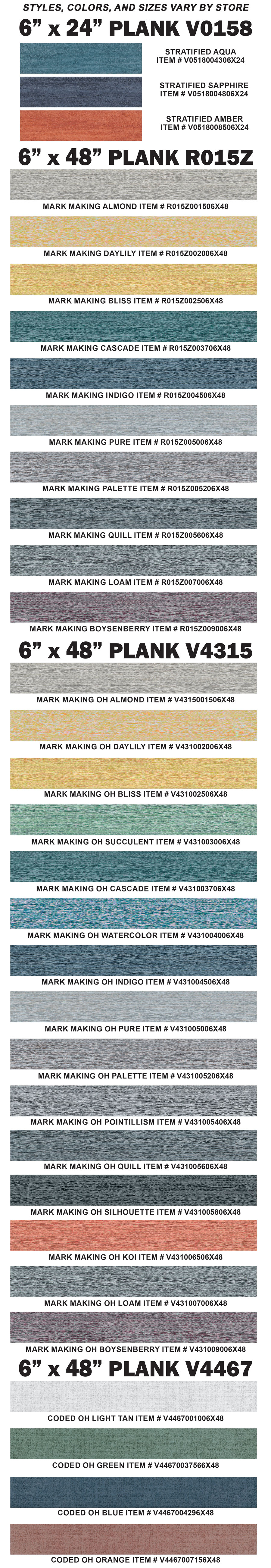 Special Buy Shaw Patcraft L V T and L V P Flooring luxury vinyl plank and luxury vinyl tile 28 cents to 48 cents a square foot, compare online for $1.39 to $2.99 a square foot, commercial or residential. 6 inch by 24 inch plank, 6 inch by 48 inch plank, 12 inch by 24 inch plank, and 24 inch by 24 inch tile, all first quality with a 15 year warranty. Made in the U S A.