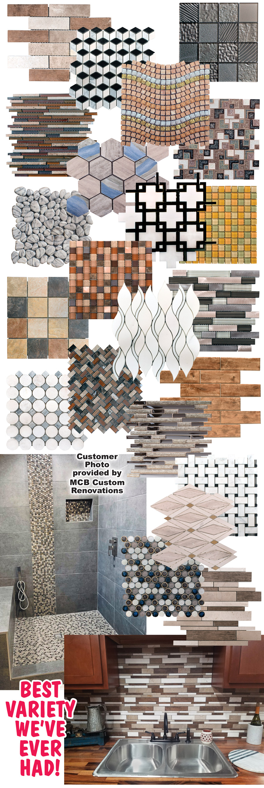 Stone, glass, metal, and porcelain Mosaic Tile starting at $1.98 a square foot, random, stacked, and brick joint, 4 millimeter and 8 millimeter glass, mesh and loose. Perfect for Kitchens, Baths, Showers, Backsplashes, and Accent Walls. Styles, colors, and sizes may vary by store.