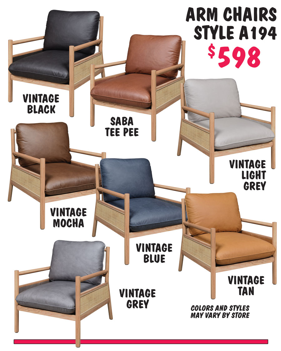 Arm Chairs style A194 $598 in vintage black, saba tee pee, vintage light grey, vintage mocha, vintage blue, vintage tan, and vintage grey.