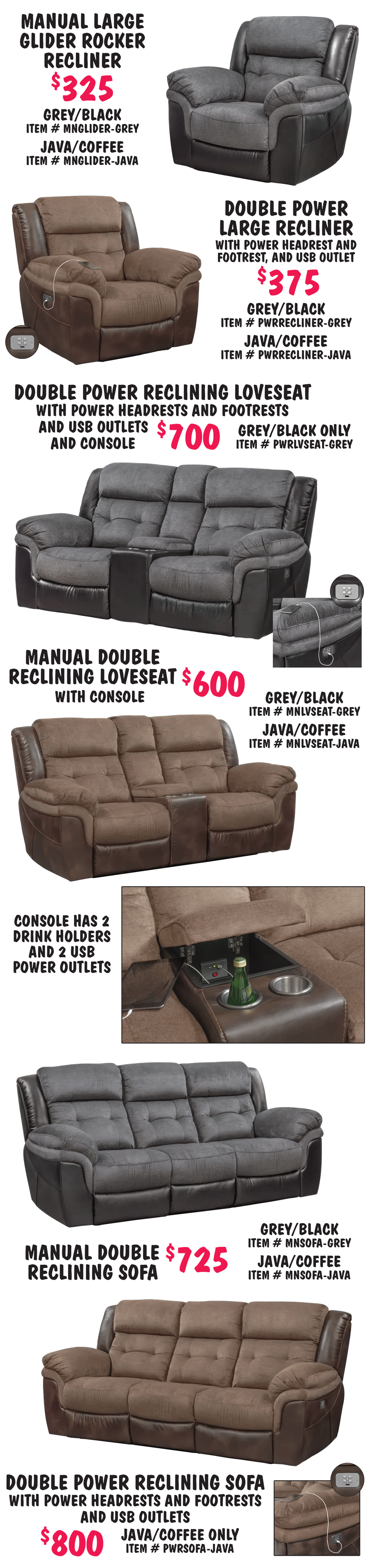 Special Buy Man Wah Tacoma Reclining Chairs, Sofas, and Loveseats. American Signature Furniture went out of business and we bought 7 containers of reclining upholstered chairs, sofas, and loveseats, some manual recline, some dual power, dual tone upholstery in Java Coffee and Grey Black, styles and colors may vary by store.