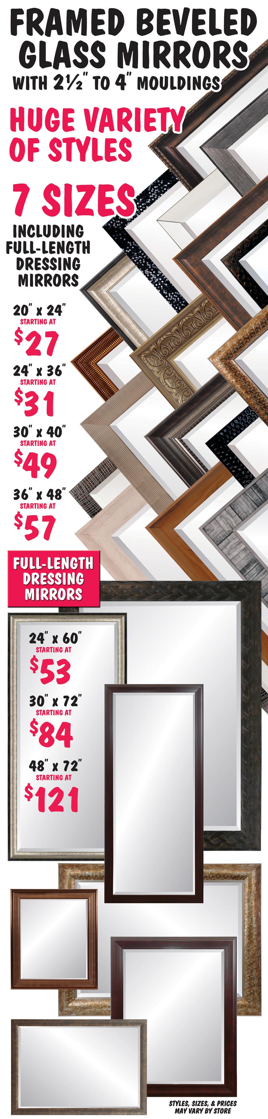 Framed Beveled Glass Mirrors – 7 Sizes including Full-Length Dressing Mirrors