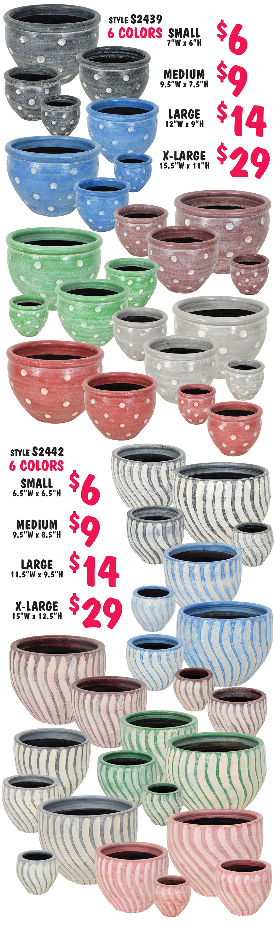 Style S2439 dots in 6 colors black, blue, copper, green, grey, and red. Small $6, 7 inches wide by 6 inches high, medium $9, 9 and a half inches wide by 7 and a half inches high, large $14, 12 inches wide by 9 inches high, and extra large $29, 15 and a half inches wide by 11 inches high. Style S2442 diagonal stripes in 6 colors black, blue, copper, green, grey, and red. Small $6, 6 and a half inches wide by 6 and a half inches high, medium $9, 9 and a half inches wide by 8 and a half inches high, large $14, 11 and a half inches wide by 9 and a half inches high, and extra large $29, 15 inches wide by 12 and a half inches high.