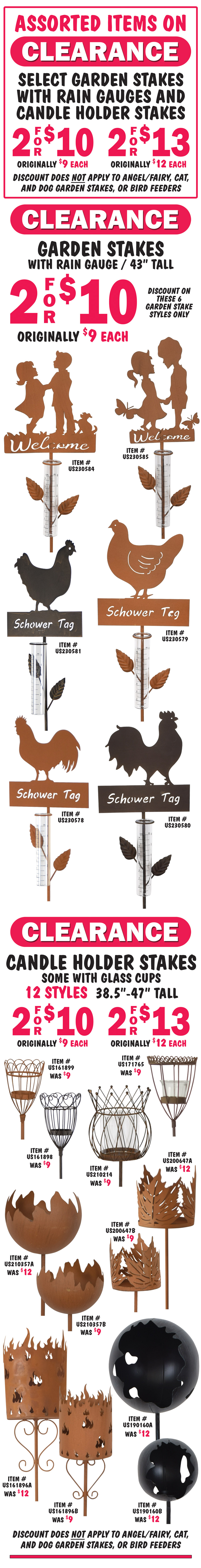 Decorative Metal Garden Décor $6 to $19. garden stakes, candle holder stakes, and bird feeders.