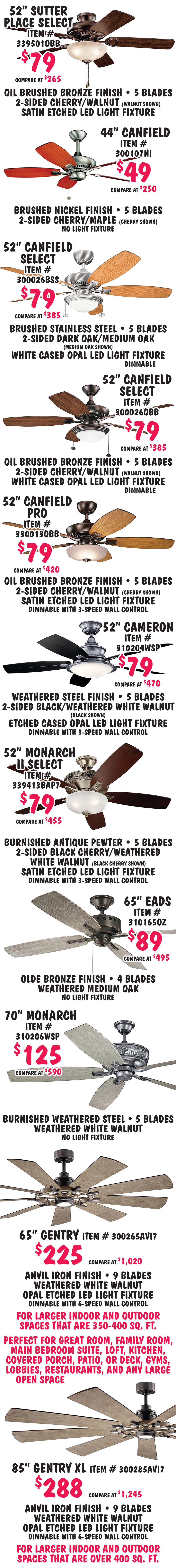 52 inch Sutter Place Select $79, compare at $265, item number 339501OBB, oil brushed bronze finish, 5 blades 2 sided cherry and walnut, walnut shown, satin etched L E D light fixture. 44 inch Canfield $49, compare at $250, item number 300107NI, brushed nickel finish, 5 blades 2 sided cherry and maple, cherry shown, no light fixture. 52 inch Canfield Select $79, compare at $385, item number 300026BSS, brushed stainless steel finish, 5 blades 2 sided dark oak and medium oak, medium oak shown, white cased opal L E D light fixture, dimmable. 52 inch Canfield Select $79, compare at $385, item number 300026OBB, oil brushed bronze finish, 5 blades 2 sided cherry and walnut, walnut shown, white cased opal L E D light fixture, dimmable. 52 inch Canfield Pro $79, compare at $420, item number 330013OBB, oil brushed bronze finish, 5 blades 2 sided cherry and walnut, cherry shown, satin etched L E D light fixture, dimmable with 3 speed wall control. 52 inch Cameron $79, compare at $470, item number 310204WSP, weathered steel finish, 5 blades 2 sided black and weathered white walnut, black shown, etched cased opal L E D light fixture, dimmable with 3 speed wall control. 52 inch Monarch 2 Select $79, compare at $455, item number 339413BAP7, burnished antique pewter finish, 5 blades 2 sided black cherry and weathered white walnut, black cherry shown, satin etched L E D light fixture, dimmable with 3 speed wall control. 65 inch Eads $89, compare at $495, item number 310165OZ, olde bronze finish, 4 blades weathered medium oak, no light fixture. 70 inch Monarch $125, compare at $590, item number 310206WSP, burnished weathered steel finish, 5 blades weathered white walnut, no light fixture. 65 inch Gentry $225, compare at $1,020, item number 300265AVI7, anvil iron finish, 9 blades weathered white walnut, opal etched L E D light fixture, dimmable with 6 speed wall control, for larger indoor and outdoor spaces that are 350 to 400 square feet. Perfect for great room, family room, main bedroom suite, loft, kitchen, covered porch, patio, or deck, gyms, lobbies, restaurants, and any large open space. 85 inch Gentry X L $288, compare at $1,245, item number 300285AVI7, anvil iron finish, 9 blades weathered white walnut, opal etched L E D light fixture, dimmable with 6 speed wall control, for larger indoor and outdoor spaces that are over 400 square feet.