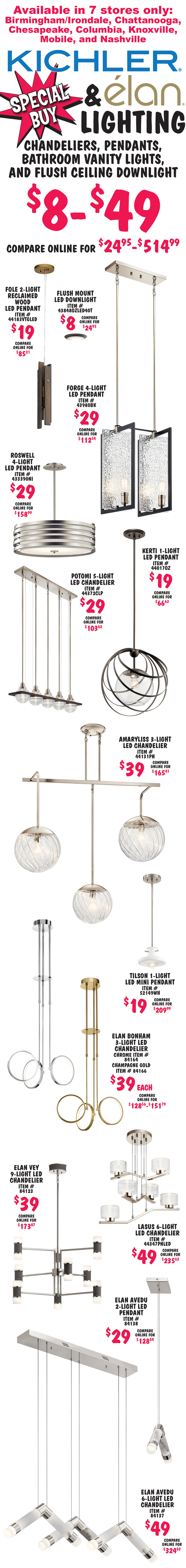 Special Buy Kichler and Elan Lighting, chandeliers, pendants, bathroom vanity light, and flush ceiling downlight $8 to $49, compare online for $24.95 to $514.99. Available in 7 stores only – Birmingham Irondale, Chattanooga, Chesapeake, Columbia, Knoxville, Mobile, and Nashville. Fole 2-light reclaimed wood L E D pendant $19, item number 44183VTGLED. Flush Mount L E D downlight $8, item number 43848OZLED40T. Forge 4-light L E D pendant $29, item number 43980BK. Roswell 4-light L E D pendant $29, item number 433390NI. Potomi 5-light L E D chandelier $29, item number 44372CLP. Kerti 1-light L E D pendant $19, item number 44017OZ. Amaryliss 3-light L E D chandelier $39, item number 44131PN. Tilson 1-light L E D mini pendant $19, item number 52149WH. Elan Bonham 3-light L E D chandeliers in 2 finishes $39 each, chrome item number 84164 and champagne gold item number 84166. Elan Vey 9-light L E D chandelier $39, item number 84123. Lasus 6-light L E D chandelier $49, item number 44347PNLED. Elan Avedu 2-light L E D pendant $29, item number 84138. Elan Avedu 6-light L E D chandelier $49, item number 84137.