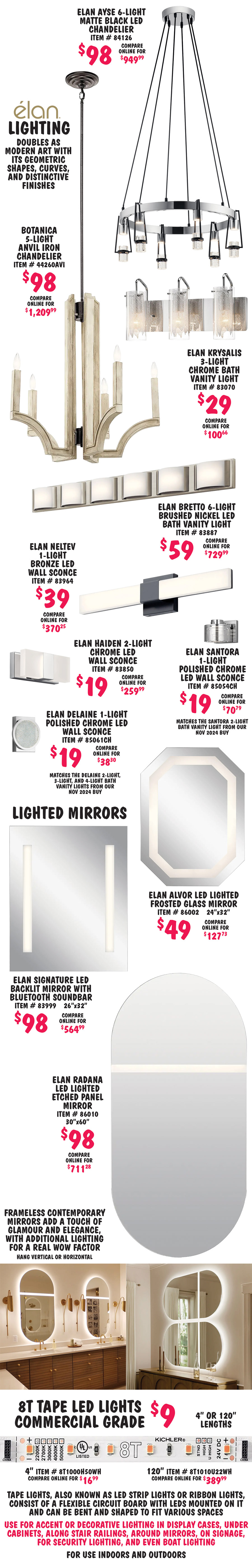 Elan Ayse 6-light Matte Black LED Chandelier $98, compare at $949.99, item number 84126. Botanica 5-light Anvil Iron Chandelier $98, compare at $1,209.99, item number 44260AVI. Elan Krysalis 3-light Chrome Bath Vanity Light $29, $100.66, item number 83070. Elan Bretto 6-light Brushed Nickel LED Bath Vanity Light $59, compare at $729.99, item number 83887. Elan Neltev 1-light Bronze LED Wall Sconce $39, compare at $370.25, item number 83964. Elan Haiden 2-light Chrome LED Wall Sconce $19, compare at $259.99, item number 83850. Elan Santora 1-light Polished Chrome LED Wall Sconce $19, compare at $70.79, item number 85854CH, matches the Santora 2-light bath vanity light from our November 2024 buy. Elan Delaine 1-light Polished Chrome LED Wall Sconce $19, compare at $38.30, item number 85061CH, matches the Delaine 2-light, 3-light, and 4-light bath vanity lights from our November 2024 buy. Lighted Mirrors frameless contemporary mirrors add a touch of glamour and elegance, with additional lighting for a real WOW factor, hang vertical or horizontal. Elan Alvor LED Lighted Frosted Glass Mirror 24 inches by 32 inches octogon $49, compare at $127.73, item number 86002. Elan Signature LED Backlit Mirror with Bluetooth Soundbar 26 inches by 32 inches rectangle $98, compare at $564.99, item number 83999. Elan Radana LED Lighted Etched Panel Mirror 30 inches by 60 inches oval $98, compare at $711.28, item number 86010. 8T Tape LED Lights, commercial grade, 4 inch or 120 inch lengths $9, 4 inches item number 8T1000H50WH, compare at $16.99 and 120 inches item number 8T101010U22WH, compare at $389.99. Tape lights, also known as LED strip lights or ribbon lights, consist of a flexible circuit board with LEDs mounted on it and can be bent and shaped to fit various spaces. Use for accent or decorative lighting in display cases, under cabinets, along stair railings, around mirrors, on signage, for security lighting, and even boat lighting. For use indoors and outdoors.