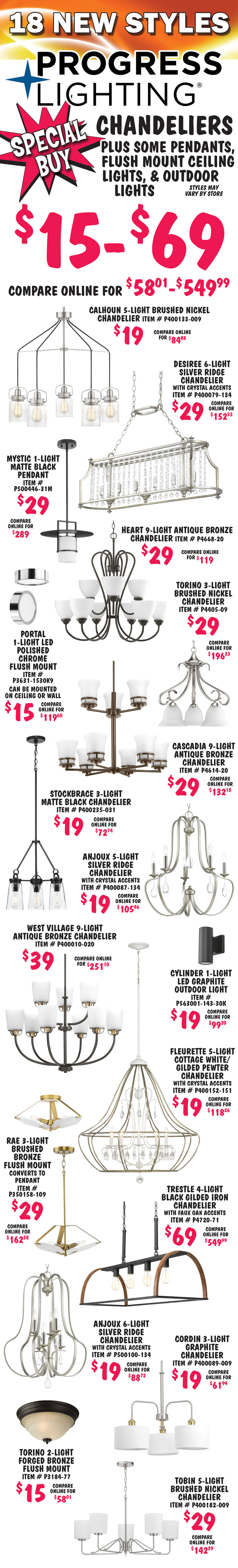 Special Buy Progress Lighting 18 new styles, chandeliers, some pendants, flush mount ceiling lights, and outdoor lights, $15 to $69, compare online for $58.01 to $549.99, styles may vary by store. Calhoun 5 light brushed nickel chandelier $19, compare online for $84.88, item number P400133 dash 009. Desiree 6 light silver ridge chandelier with crystal accents $29, compare online for $152.33, item number P400079 dash 134. Mystic 1 light matte black pendant $29, compare online for $289, item number P500446 dash 31M. Heart 9 light antique bronze chandelier $29, compare online for $119, item number P4668 dash 20. Torino 3 light brushed nickel chandelier $29, compare online for $196.33, item number P4405 dash 09. Portal 1 light L E D polished chrome flush mount $15, compare online for $119.60, item number P3631 dash 1530K9, can be mounted on ceiling or wall. Cascadia 9 light antique bronze chandelier $29, compare online for $132.18, item number P4614 dash 20. Stockbrace 3 light matte black chandelier $19, compare online for $72.74, item number P400235 dash 031. Anjoux 5 light silver ridge chandelier with crystal accents $19, compare online for $105.46, item number P400087 dash 134. West Village 9 light antique bronze chandelier $39, compare online for $251.10, item number P400010 dash 020. Cylinder 1 light L E D graphite outdoor light $19, compare online for $99.20, item number P563001 dash 143 dash 30K. Fleurette 5 light cottage white gilded pewter chandelier with crystal accents $19, compare online for $118.26, item number P400152 dash 151. Rae 3 light brushed bronze flush mount converts to pendant $29, compare online for $162.38, item number P350158 dash 109. Trestle 4 light black gilded iron chandelier with faux oak accents $69, compare online for $549.99, item number P4720 dash 71. Anjoux 6 light silver ridge chandelier with crystal accents $19, compare online for $88.72, item number P500100 dash 134. Cordin 3 light graphite chandelier $19, compare online for $61.94, item number P400089 dash 009. Torino 2 light forged bronze flush mount $15, compare online for $58.01, item number P3184 dash 77. Tobin 5 light brushed nickel chandelier $29, compare online for $142.29, item number P400182 dash 009.