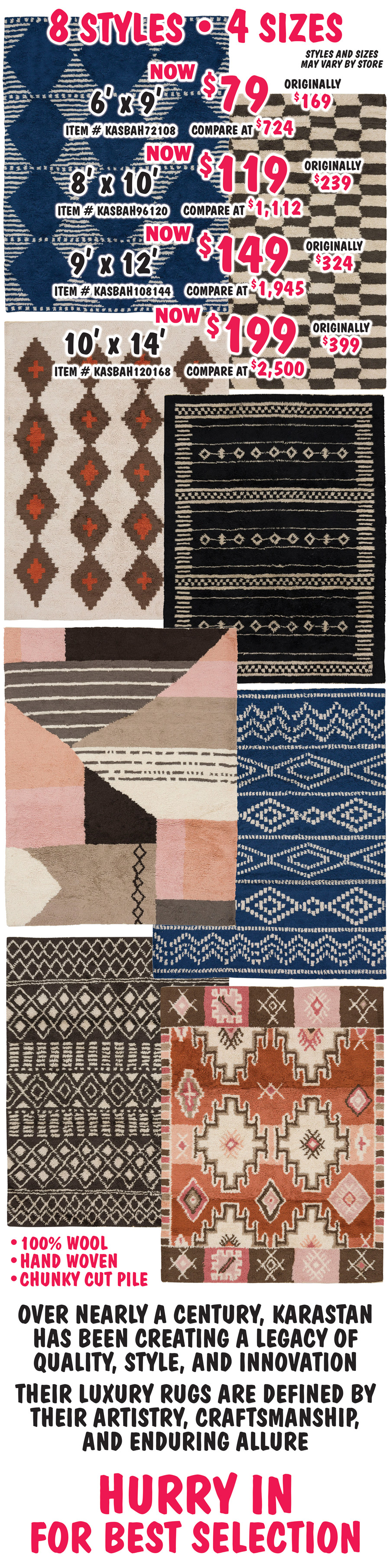 Special Buy Karastan Area Rugs, 100 percent hand woven wool Kasbah Collection, Draa Valley Blue, Safi Black Beige, Rissani Multi, Agadir Charcoal, Rabat Multi, Dervish Blue, Atlas Charcoal, and Massif Multi. Styles and sizes may vary by store.