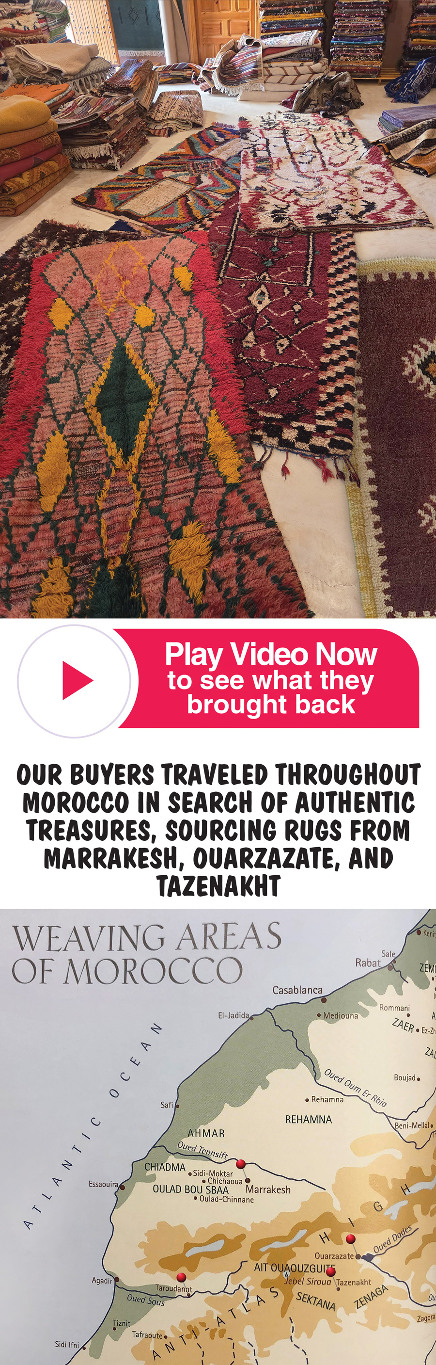 In the High Atlas Mountains of Morocco, a thriving cottage industry, made up of families and individual artisans working from their homes using traditional equipment, supports the creation of exquisite Berber rugs. Crafted from some of the finest hand spun wool, these rugs feature remarkable color combinations and vibrant hues that reflect generations of artistic tradition. Each rug is meticulously handwoven on large looms, resulting in one of a kind pieces distinguished by their brilliant colors, unique patterns, and exceptional craftsmanship.