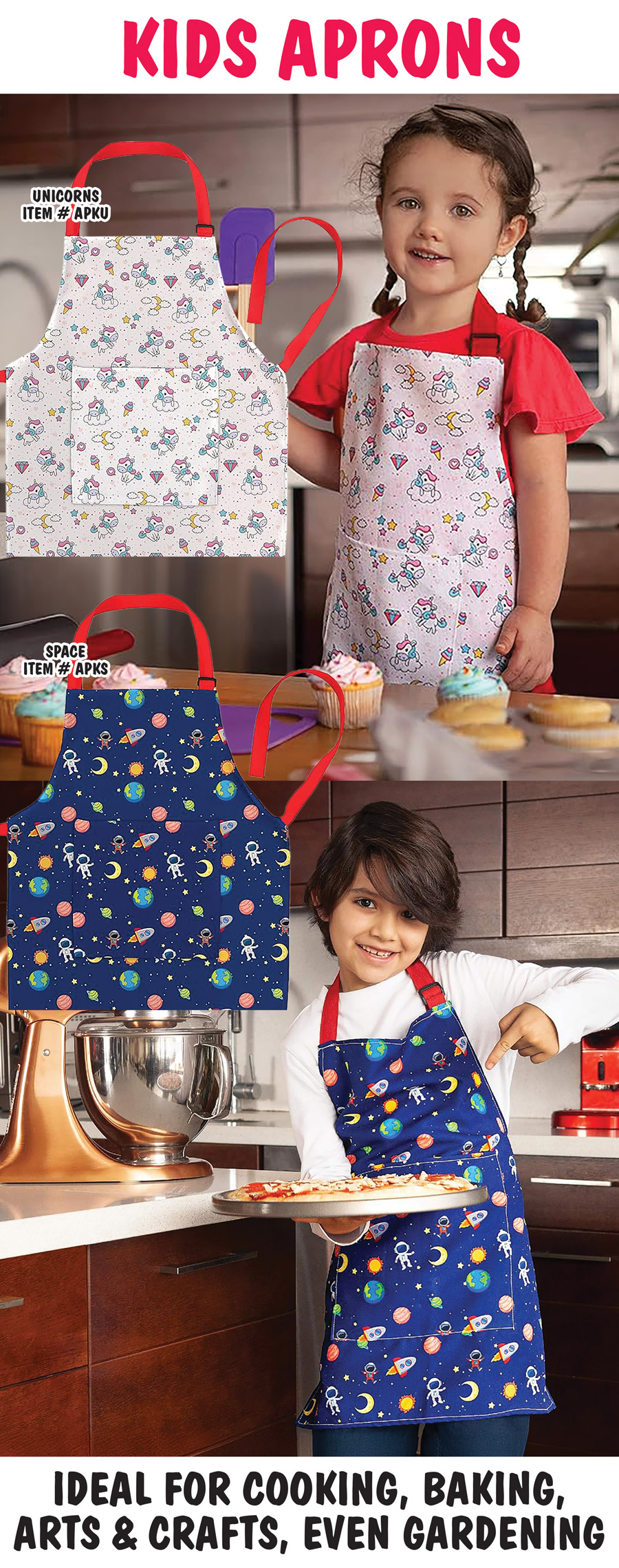 Kids Aprons Unicorns item number APKU and Space item number APKS. Ideal for cooking, baking, arts and crafts, even gardening.