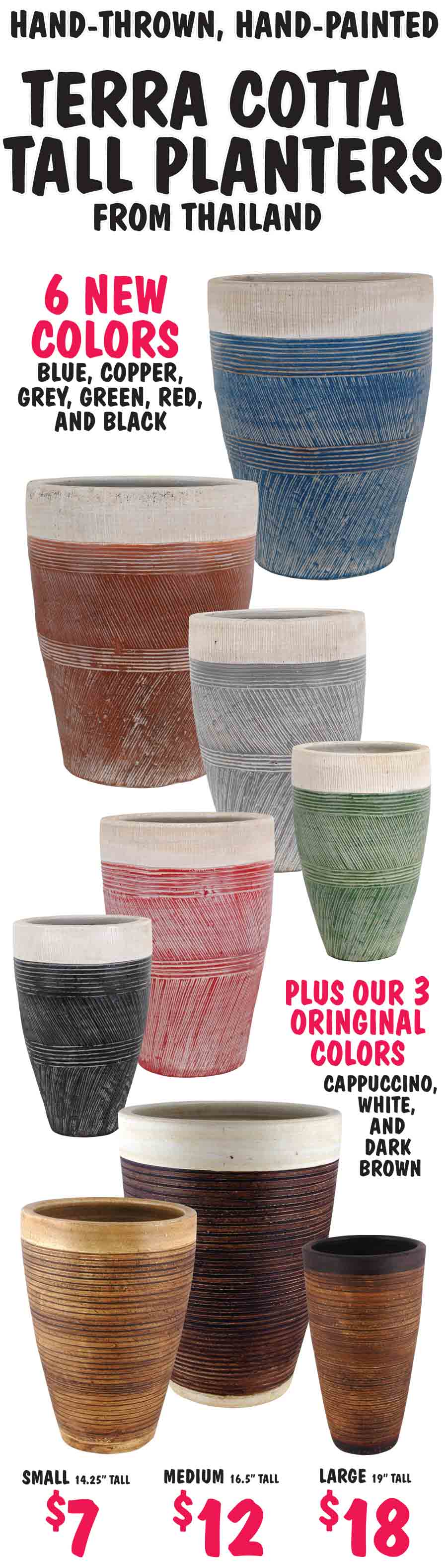 Terra Cotta Tall Planters – 6 Colors – $7-$18