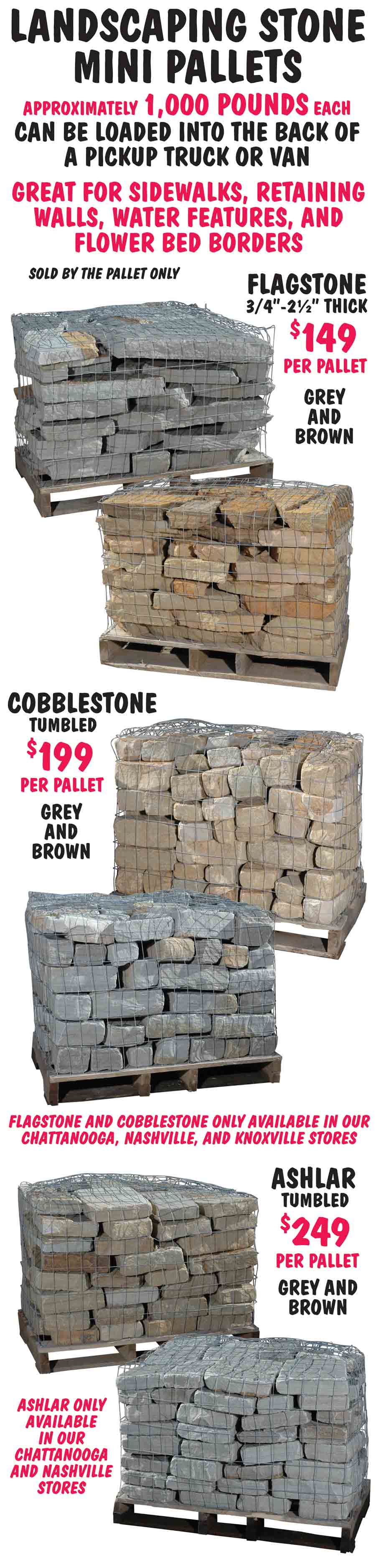 Landscaping Stone Mini Pallets – Flagstone, Cobblestone, Ashlar