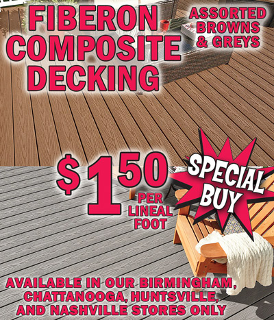 Special Buy Fiberon Composite Decking $1.50 per lineal foot in assorted browns and greys, available in Birmingham, Chattanooga, Huntsville, and Nashville