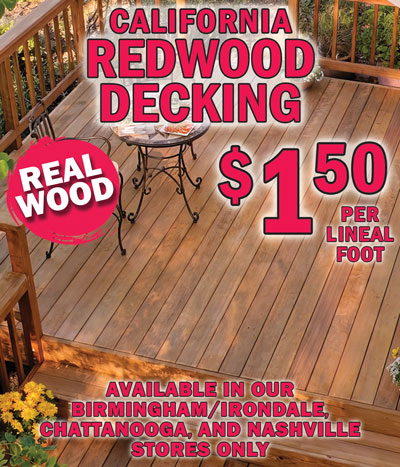 California Redwood Decking, real wood $1.50 per lineal foot, item number MFPREDDECK. Redwood Decking is currently only available in our Birmingham Irondale, Chattanooga, and Nashville stores. We hope to expand to other stores in the next several months. 5 lengths - 8 feet long $12, 10 feet long $15, 12 feet long $18, 14 feet long $21, 16 feet long $24, all Redwood decking is 2 inches thick by 6 inches wide. The beauty and warmth of real redwood speaks for itself. The rich color of redwood is legendary. Redwood decks are functional, beautiful, and last for many years. Every redwood board is one of a kind giving each piece unique character. Redwood can be left to weather naturally or it can be finished to help protect it from the elements.