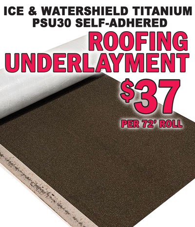 Ice and Watershield Titanium PSU30 Self-Adhered Roofing Underlayment, our price $37 per roll. Length per roll: 72 feet or 22 meters, Width per roll: 36 inches or 91 point 4 centimeters, 2 Squares per roll or 18 point 58 square meters. Titanium PSU30 is the only modified rubberized asphalt Peel and Stick underlayment with a patented nodular walking surface for a safer walkability during installation even in wet and dusty conditions. PSU30 can be applied under applied under asphalt or synthetic shingles, metal, tile, shake, and slate. Provides waterproof protection under shingles, metal and tile roofs, self-adhered roofing underlayment, cool grey non-slip synthetic surface with UV protection provides for a safer and cooler working surface during installation.