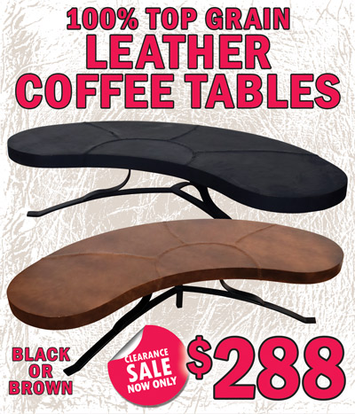 Clearance Sale 100 percent top grain leather coffee tables with leather stitching and metal legs, now only $288, originally $498, while they last! 2 colors black and brown, colors may vary by store. Black item number 19070001BK and brown item number 19070001BN, 65 inches long by 36 inches wide by 15 inches high. A fun, curvy take on mid-century modern design.