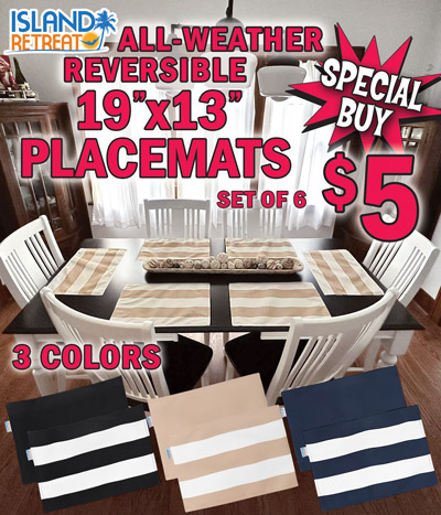 Special Buy Island Retreat all-weather reversible 19 inch by 13 inch placemats $5 for set of 6, 3 colors