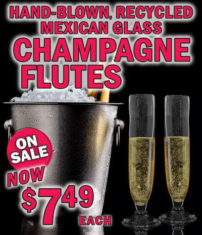 Hand-Blown, Recycled Mexican Glass Champagne Flutes, On Sale now $7.49 each, originally $14.88 each, compare online for $42 each, item number CHG056, each glass measures approximately 9 and a half inches tall by 3 inches in diameter and holds 10 fluid ounces. Mexican glass champagne flutes are made entirely by hand and mouth-blown from recycled glass. The glass is thick and sturdy and the sleek, organic shape gives them their own unique charm. Each piece is one-of-a-kind and shape and color variation are normal. Perfect for weddings, parties, anniversaries, ringing in the New Year, or any kind of celebration! Our champagne flutes come from the city of Tonalá, Jalisco, Mexico. Each piece is carefully handmade by artisans using recycled glass. With ovens that reach temperatures around 1,200 degrees Celsius, the glass is melted into a viscous state, then mouth-blown into unique works of art.