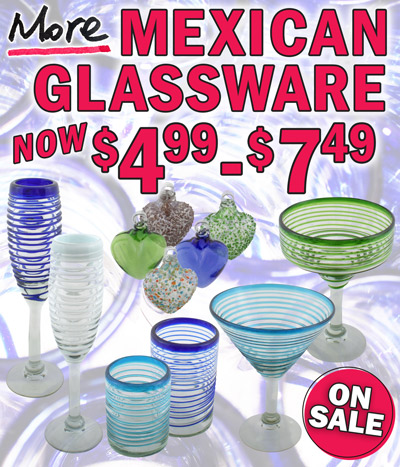 More Hand-Blown, Recycled Mexican Glassware On Sale no $4.99 to $7.49. As with all our recycled glassware, each piece is made entirely by hand and mouth-blown. All are one-of-a-kind, and color and shape variations are normal. Colors, patterns, and shapes will vary from piece to piece. Styles and colors may vary by store. Fluted Champagne Glasses in 4 spiral colors, now $6.49 each, originally $9.99 each, cobalt blue, green, and aquamarine only, $7.49 each, originally $9.99 each, white only. Cobalt Blue item number CH054, Green item CH055, Aquamarine item CH056, and White item CH059. Martini Glasses in 3 spiral colors, now $6.49 each, originally $9.99 each. Cobalt Blue item number MR054, Green item MR055, and Aquamarine item MR056. Margarita Glasses in 3 spiral colors, now $6.49 each, originally $9.99 each. Cobalt Blue item number MY054, Green item MY055, and Aquamarine item MY056. Water Glasses in 3 spiral colors, $7.49 each. Cobalt Blue item number AG054, Green item AG055, and Aquamarine item AG056. Old Fashion Glasses in 3 spiral colors, now $4.99 each, originally $7.49 each. Cobalt Blue item number RC054, Green item RC055, and Aquamarine item RC056. Assorted Glass Heart Ornaments in a variety of colors, $4.99 each, item number CR6352, 3 and a half inches high by 2 and a half inches wide. Colors may vary by store. Our beautiful spiral glassware and heart ornaments come from the city of Tonala, Jalisco, Mexico. Each piece is carefully handmade by artisans using recycled glass. With ovens that reach temperatures around 1,200 degrees Celsius, the glass is melted into a viscous state, then mouth-blown into unique works of art.