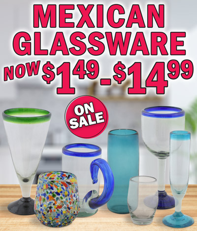 Hand-Blown, Recycled Mexican Glassware ON SALE now $1.49 to $14.99. This recycled glassware collection is made entirely by hand and mouth-blown. Each piece is one-of-a-kind and color and shape variations are normal. Colors, patterns, and shapes will vary from piece to piece. Variety of colors including multi-colored confetti. Styles and colors may vary by store. Confetti Tumblers, 2 styles, flat bottom now $3.99 each, was $5.99, item number G0116 dash1FPP and round bottom now $3.79 each, was $5.99, item number G6002 dash 1FPP. Carafe and Tumbler 2 piece set now $12.99, was $17.99, item number VCH. Fluted Glasses with aquamarine rim and base now $5.99 each, was $8.99, 2 sizes large 19 centimeters item number CPP19 and small 17 centimeters item number CPP17. Mugs now $3.99 each, was $5.99, 2 colors aquamarine and cobalt blue rim and handle, item number G0170 dash 2A. Wine Glasses now $5.99 each, was $7.99, 2 colors aquamarine and cobalt blue rim and base, item number CPPC. Cocktail Glasses with cobalt blue rim and base now $5.99 each, was $8.99, 2 sizes large 18 centimeters item number CMPC18 and small 15 centimeters item number CMPC15. Pilsner Glasses in green now $5.99 each, was $7.99, item number CPPV. Highball Glasses with cobalt blue rim now $3.79 each, was $5.99, item number VAPB. Drinking Glasses in aquamarine now $2.79 each, was $3.49, item number G7345 dash 2. Juice Glasses in clear glass now $3.39 each, was $4.29, item number G6001 dash 1. Coasters in clear glass no $1.49 each, was $1.99, item number G3701 dash 1. Candle Holders in clear glass now $8.99, was $14.99, item number VCL, 4 inches high by 3 and a half inches wide, tealights not included. Napkin Holders with tan rim now $4.99 each, was $7.99, item number SPAA, 4 inches high by 6 and a half inches wide, napkins not included. Crackle Glass Hanging Vases now $6.99 each, was $9.99, 3 colors – green item number FVC, clear item number FCC, and orange item number FCN, 9 and a half inches high by 4 and a half inches wide, flowers not included. Glass Masks with iron stand and candle holder now $14.99 each, was $24, item number MCV, 4 colors – orange, brown, grey, and green, 10 inches high by 8 inches wide.