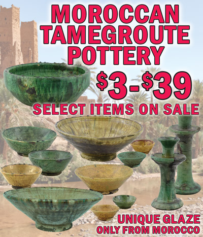 Moroccan Tamegroute Pottery, unique glaze only from Morocco $3 to $39, select items on sale